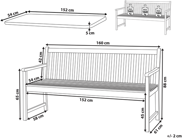 Gartenbank mit Auflage VIVARA 160 cm Zertifiziertes Akazienholz Marineblau Bild 2