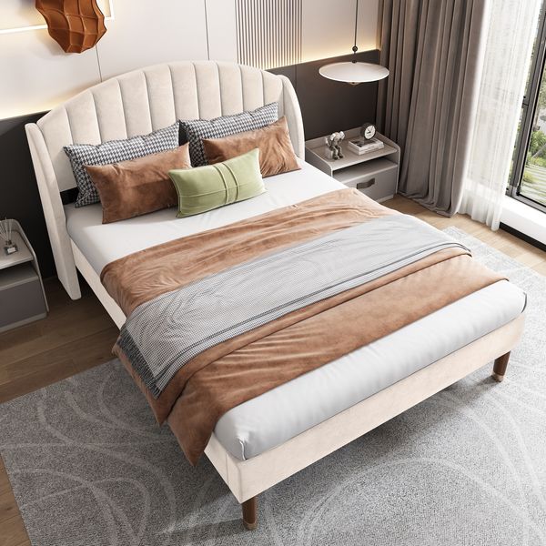 Polsterbett 160*200 mit Lattenrost und Kopfteil, Jugendbett, für Erwachsene & Jugendliche, Holzlattenunterstützung, Einfache Montage, Samt, beige