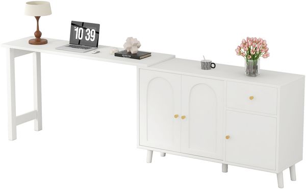 2-in-1 Drehtisch mit Sideboard, 360° drehbarer Schreibtisch, Schminktisch & Arbeitsplatte, Spanplatte Möbel Bild 5