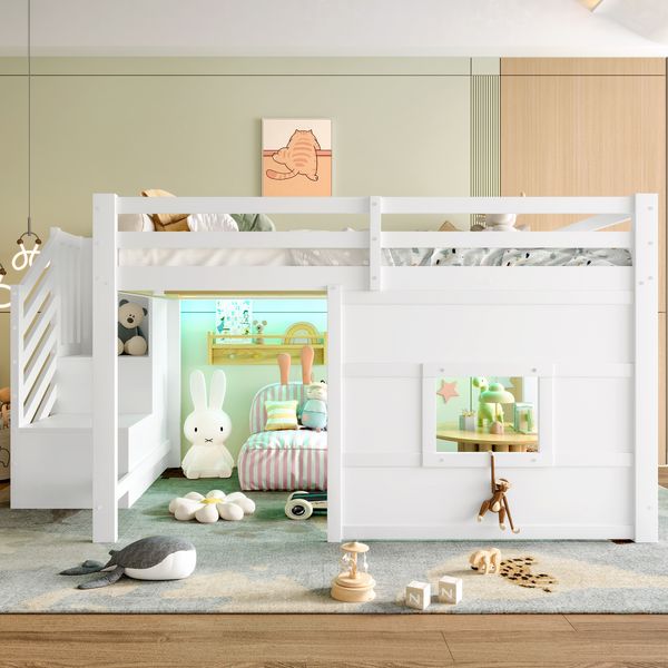 Merax Hochbett Etagenbett 140x200cm mit Rausfallschutz, Kinderbett Hausbett mit Led, Einzelbett Holzbett mit Fenster, Kinderbett Stockbett, Weiß