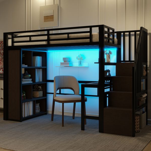 Hochbett, 90 x 200 cm, Eisenrahmen, mit Schreibtisch, Ablagefach, LED-Lichtleiste, Treppenkonstruktionen mit Stauraum, ohne Matratze, schwarz