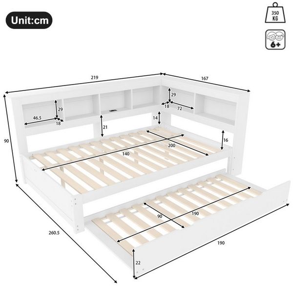 Ulife Daybett Schlafsofa, Tagesbett mit Steckdose und 2 USB-Anschlüssen (1 tlg), Kinderbett Jugendbett mit ausziehbarem Bett, 140x200/90x190cm