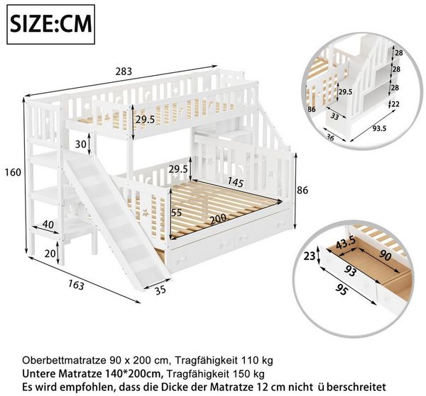 Flieks Etagenbett, Massivholz Kinderbett 90x200/140x200cm mit Treppe Rutsche 2 Schubladen Bild 3