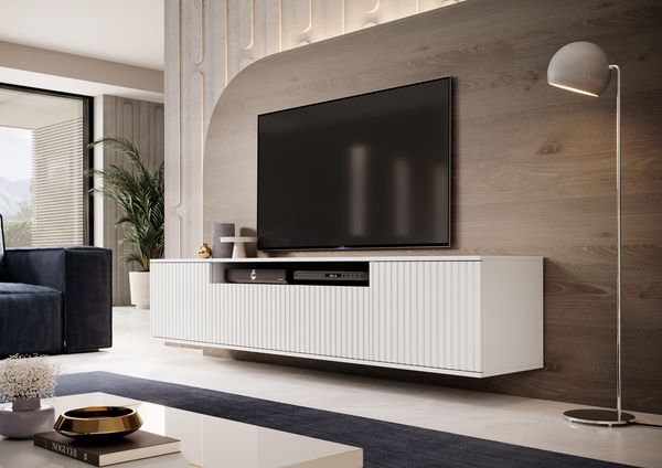 TV-Schrank 200 cm hängend, Fernsehtisch, Lowboard, Weiß, Lamellenfront, LED-Beleuchtung Capri Premium, 42 x 40 x 200 cm