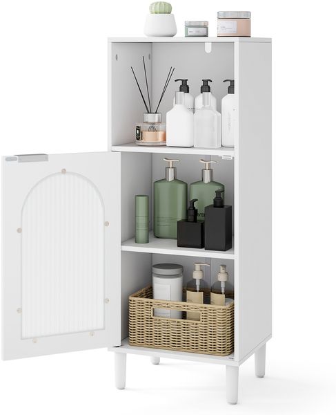 Badezimmerschrank Badschrank schmal mit offenem Fach & Glastür Badkommode Holz mit verstellbaren Regal 35 x 30 x 90 cm Weiß