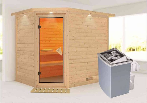 Karibu Sauna Innenkabine Sinai Innensauna 3 Sitzbänke aus Holz Saunakabine mit 40 mm Wandstärke Dampfsauna mit Montagematerial