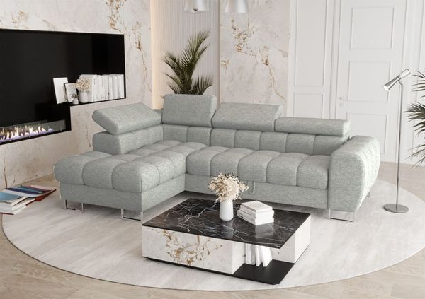 Ecksofa Schlafsofa BASTIEN in Stoff Aragon Hellgrau Ottomane Links