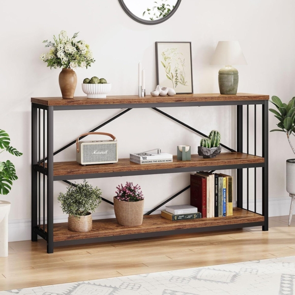 Konsolentisch Schwarz Holz 3 Ebenen Bücherregal Stauraum 140x34x74cm