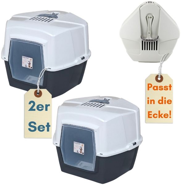 2er Set Große Eck Katzentoilette Katzenklo Ecke mit Deckel geschlossen XXL Ecktoilette Katzen Haubentoilette Filter Schaufel Doppelpack Katzentoiletten