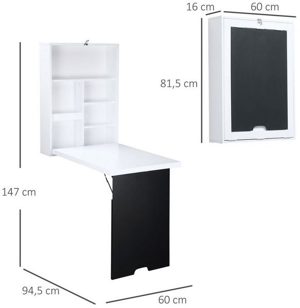 HOMCOM Klapptisch Wandklapptisch mit Tafel, 5 Fächern (Computertisch, 1-St, Klappschreibtisch), Weiß+Schwarz 60 x 94,5 x 147 cm Bild 2