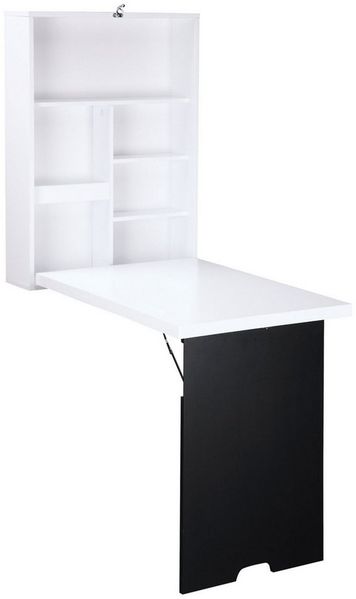 HOMCOM Klapptisch Wandklapptisch mit Tafel, 5 Fächern (Computertisch, 1-St, Klappschreibtisch), Weiß+Schwarz 60 x 94,5 x 147 cm