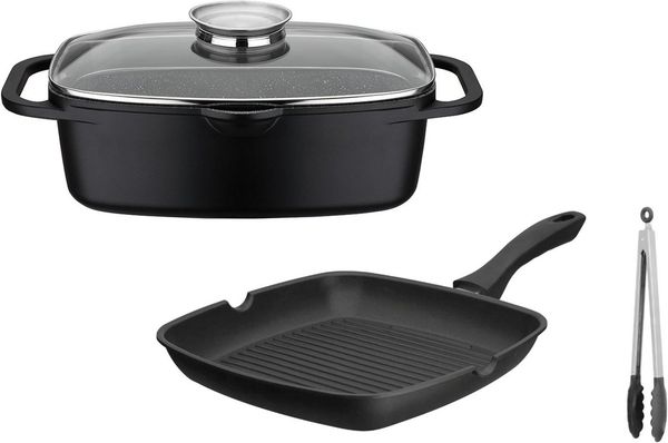 GSW Topf-Set Gourmet Granit Grillmeister, Aluminiumguss (Set, 4-tlg, 1 x Bräter, H. 11,5 cm, 1x Grillpfanne 28x28 cm, H. 4,4 cm), Induktion