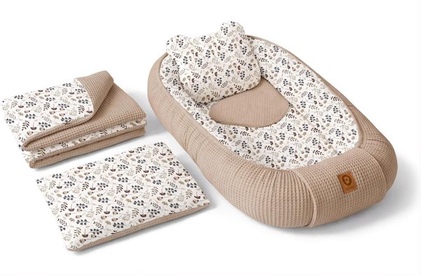 Babynest Nestchen Baby Set für Neugeborene – 5-teilig – Kuschelnest aus 100% Baumwolle & Waffelpique – Babykokon tragbar – für Babybett, Kinderbett & Kinderwagen – OEKO-TEX - Zweige und Braun