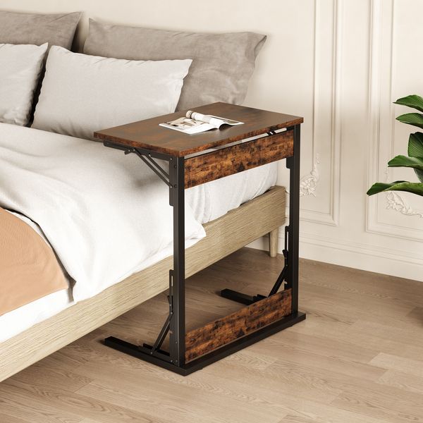 C-förmiger Beistelltisch H 71 x T 37 x B 60 cm, klappbar, MDF in Rustikalbraun mit Metallgestell