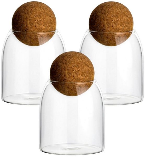 gouveo Vorratsglas 3er Set Borosilikatglas mit Kugel-Korken rund - Vorratsdosen, 400 ml, Glasbehälter zur Aufbewahrung von Lebensmitteln oder Deko