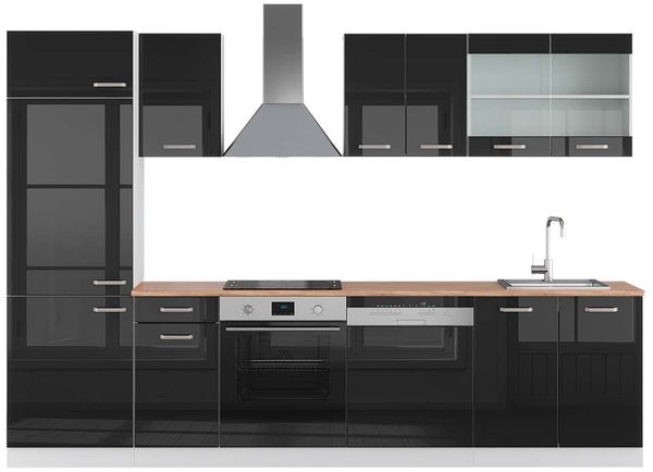 Küchenzeile R-Line Schwarz Hochglanz/Weiß 300 cm , AP Eiche Vicco