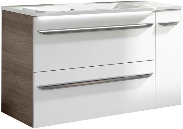 FACKELMANN LUXOR Waschbecken mit Unterschrank 100 cm breit, Weiß/Braun hell, Waschbecken Gussmarmor Weiß + Unterschrank Türanschlag links