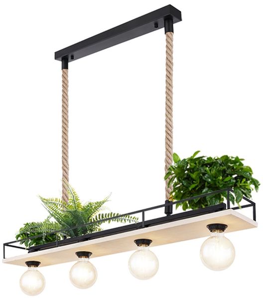Hängelampe, Holzplatte, braun, schwarz, Hanfseil, L 95cm