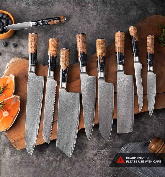 9-Teiliges Damast Messer Set. Kochmesser - extra scharfe Profimesser mit unikatem Farbholzgriff
