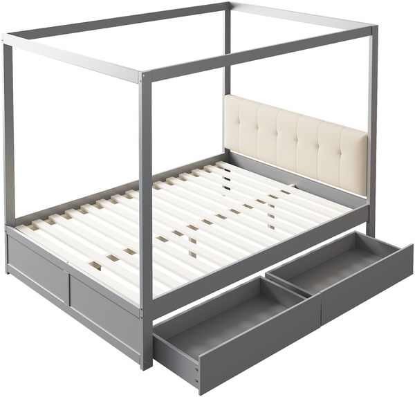 Zeltbett 140x200 cm mit gepolsterter Rückenlehne und 2 Schubladen–Holz,Grau Bild 8