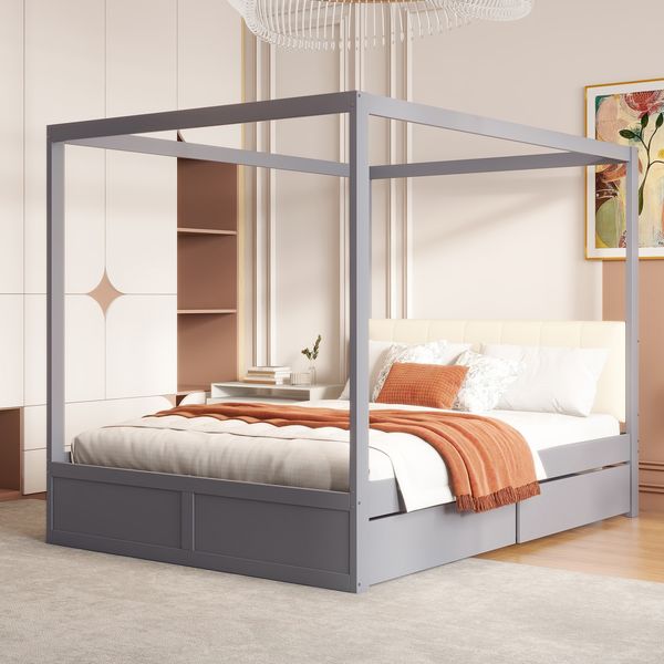 Zeltbett 140x200 cm mit gepolsterter Rückenlehne und 2 Schubladen–Holz,Grau