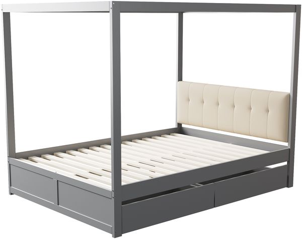 Zeltbett 140x200 cm mit gepolsterter Rückenlehne und 2 Schubladen–Holz,Grau Bild 7
