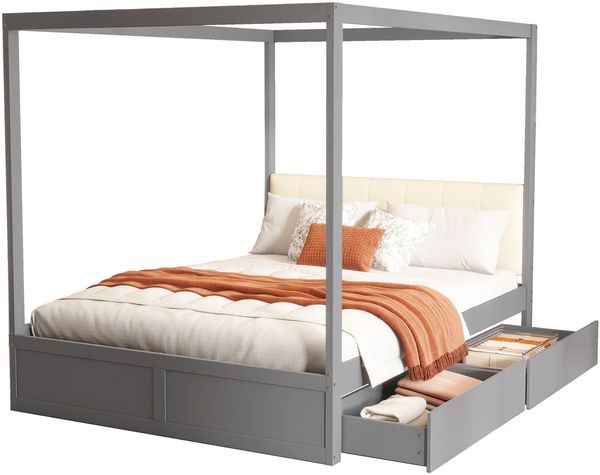 Zeltbett 140x200 cm mit gepolsterter Rückenlehne und 2 Schubladen–Holz,Grau Bild 4