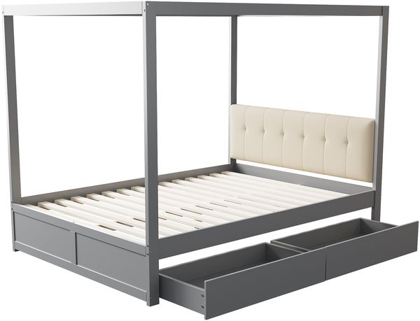 Zeltbett 140x200 cm mit gepolsterter Rückenlehne und 2 Schubladen–Holz,Grau Bild 6