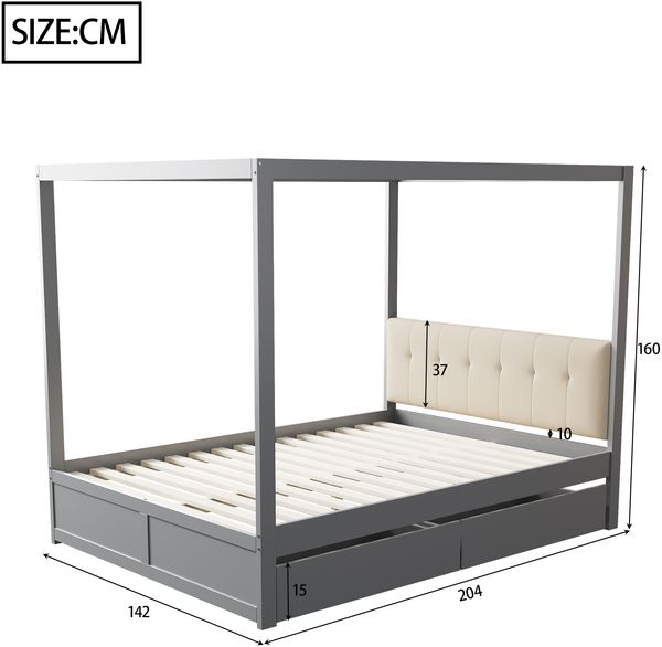 Zeltbett 140x200 cm mit gepolsterter Rückenlehne und 2 Schubladen–Holz,Grau Bild 10
