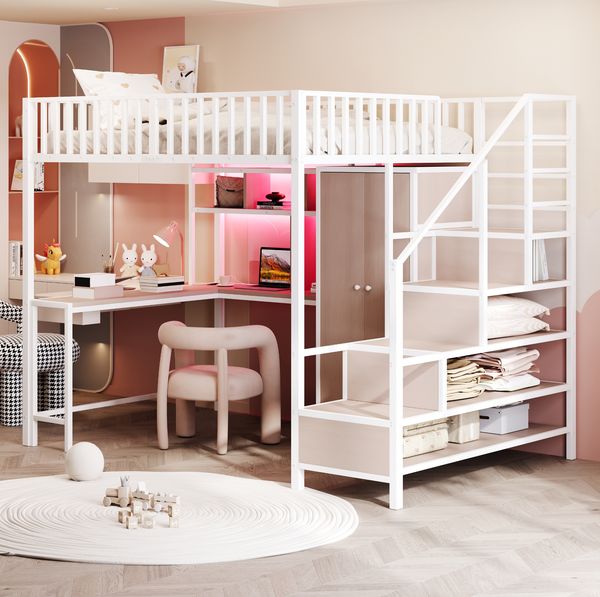 Hochbett 140x200 cm mit Schreibtisch, Kleiderschrank, Regalen & LED – Metallbett in Weiß