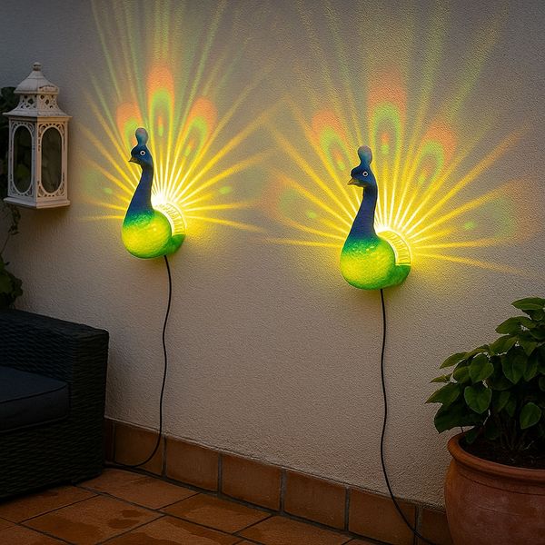 2er Set RGB LED Solar Wandleuchte, Pfau Design, H 20 cm