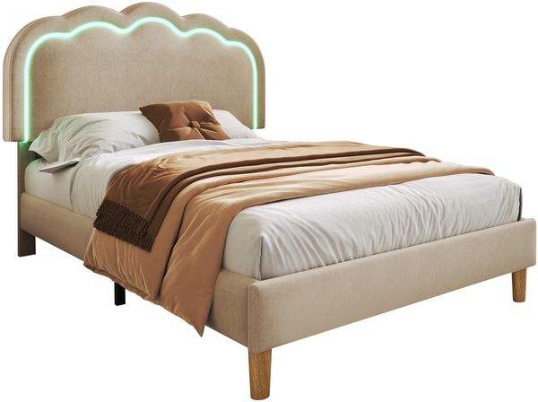 LED Polster-Einzelbett 90x200cm aus atmungsaktivem Leinenstoff, höhenverstellbares Puff-Kopfteil mit Farbwechsel-Licht & Musikmodus, Lattenrost inklusive, Beige ohne Matratze für Jugend- und Gästezimmer