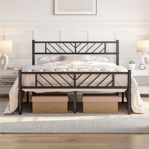 Yaheetech Metallbett Bettgestell, Minimalistischer Bettrahmen mit Kopfteil Gästebett mit Lattenrost, Metall Schwarz, 140x200 cm