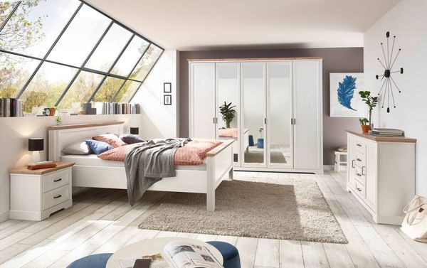 Schlafzimmer JASMIN 5-teilig mit 5-trg. Schrank Pinie weiß Nachbildung