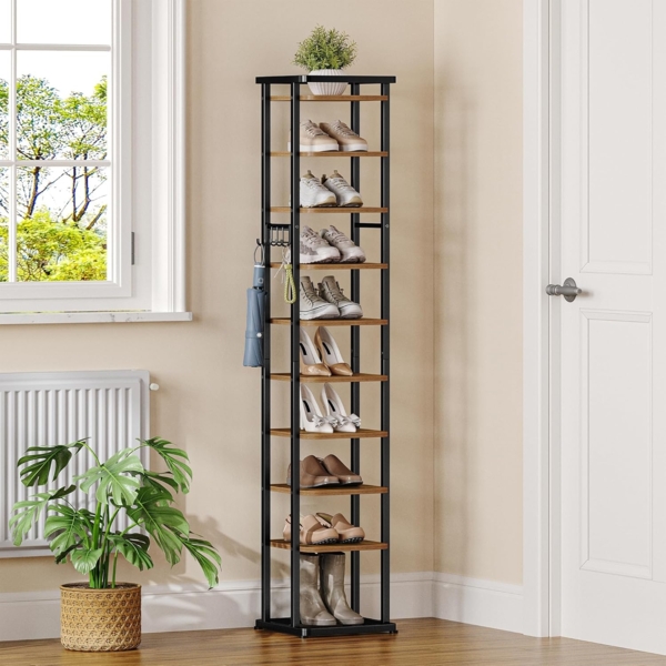 Vertikales Schuhregal, 10 Ebenen Schmales Schuhregal mit Haken, Schuhturm für Wohnzimmer, Eingangsbereich, Flur und Garderobe, Rustikales Braun und Schwarz, 33,4 × 33,4 × 170,6 cm
