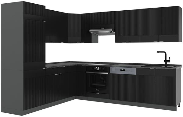 Eckküche Fame-Line Schwarz gestreift/Anthrazit 287 x 60 cm , AP Anthrazit Vicco