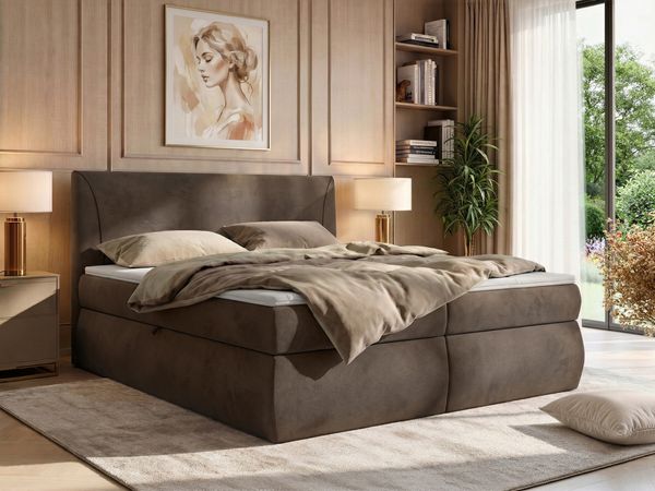 Boxspringbett mit Bettkasten TARENZA, Boxspringbett 140 x 200 cm mit Bonell-Matratze H3, Bett mit Topper T25, komfortables Boxspringbett, gepolstertes Kopfteil - Braun Velvet