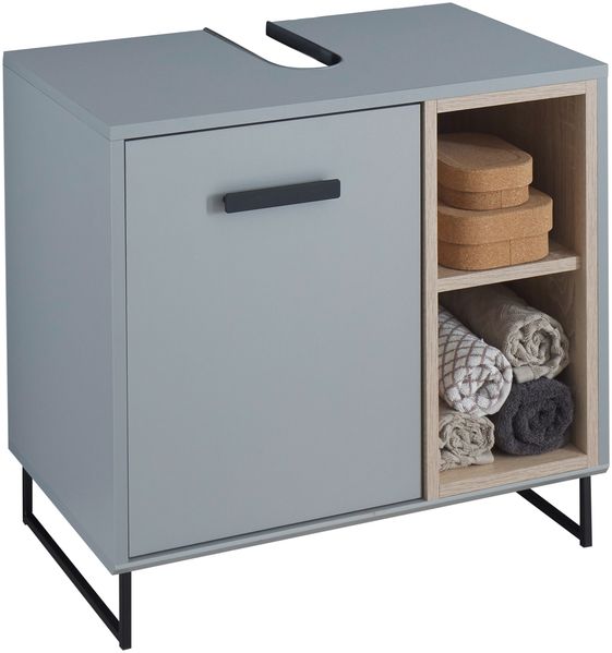 Waschbeckenunterschrank >Tunis< 1 Tür, 2 Fächer, grau matt / sonoma eiche - 65x61x38cm (BxHxT)