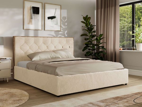 Polsterbett mit Bettkasten LARINO CLASSIC 200 x 200 cm Lattenrost und Gasdruckfedern, stabiles Bettgestell, modernes Design Multipocket Matratze - Creme Plüsch - ELORI LUX