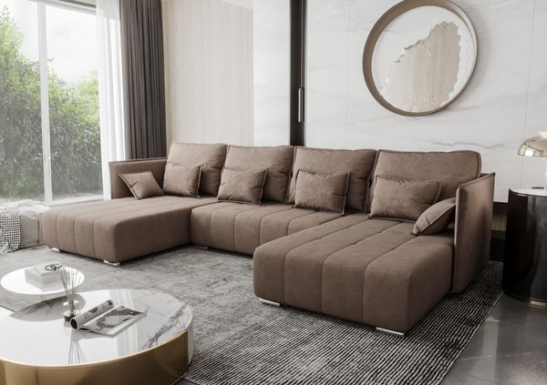 AX LIVING U Form Sofa mit Schlaffunktion Florinna HellBraun 345cm