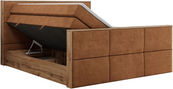 Doppelbett, Boxspringbett mit zwei Multipocket-Matratzen und ein Topper, Bettkästen, Eiche Wotan Holzrahmen, genähtes Kopfteil und Front - ALBERO 2 KING DUO - 120 x 200 cm - Orange Stoff - H3 Bild 5