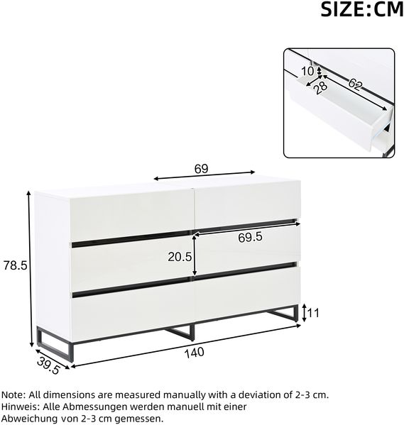 Sideboard 140 x 39,5 x 78,5 cm aus Spanplatte mit 6 Schubladen, Hochglanzfronten, Weiß/Schwarz Bild 3