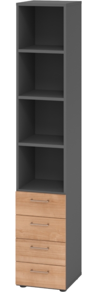 bümö smart Schubladenschrank, Büroschrank in Graphit/Nussbaum mit 4 Schüben & 4 Regalfächern - Bürocontainer aus Holz, Container mit Metallgriffen & Soft-Stop Schubladen, 964S4-G-N-BS