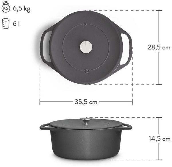 Springlane Bräter Cocotte Grau mit Deckel, Gusseisen, 6 L, Ø 28cm, Rund, Gusseisen, Ideale Feuchtigkeitsverteilung durch Tropfenstruktur