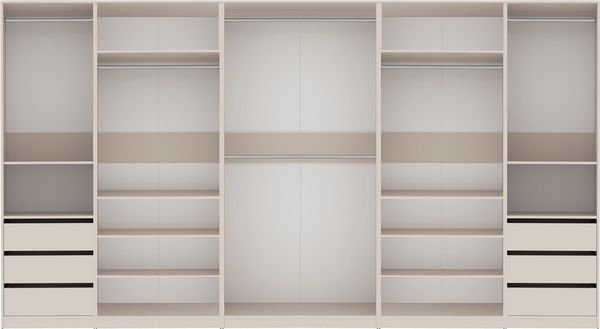 Marmex Möbel TRES SET S offener Mehrzweckschrank-Set für Kleidung, Schuhe, Kleiderschrank mit Einlegeböden, Kleiderstangen und Schubladen, laminierte Spanplatte, graubeige cashmere, 380x206x51 cm