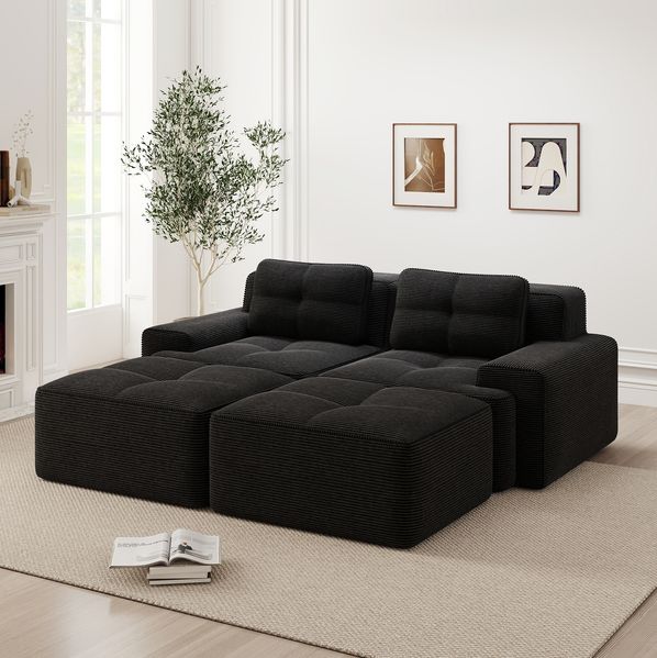 Modulares Sofa aus Cord, Tiefsitz & breite Armlehnen, 204x177x69 cm, Schwarz