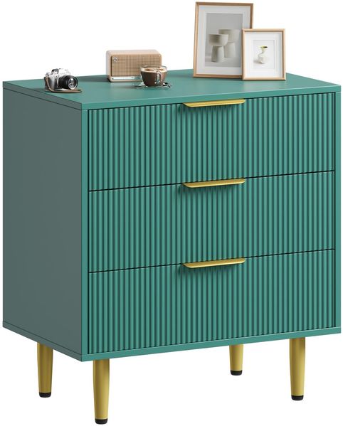 GarveeHome 3 Schubladen Nachttisch Für Das Schlafzimmer, 70cm Nachtschrank Aus Holz, Geriffelte Kommode Mit Goldenen Metallgriffen, Geräumiger Organizer Für Wohnzimmer, Schlafzimmer, Grün