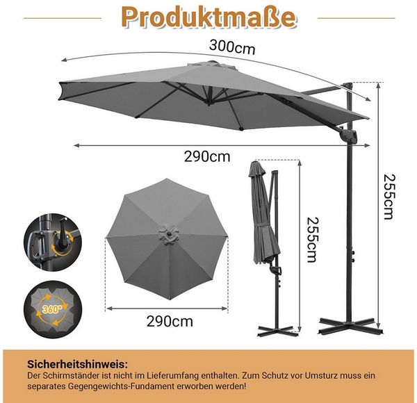 Clanmacy Sonnenschirm Ampelschirm Ø300cm Grau, 360° drehbar, UV50+ Sonnenschutz, Kurbel, LxB: 300x300 cm, Stabiler knickbar/für Garten, Balkon, Terasse/Sonnenschutz