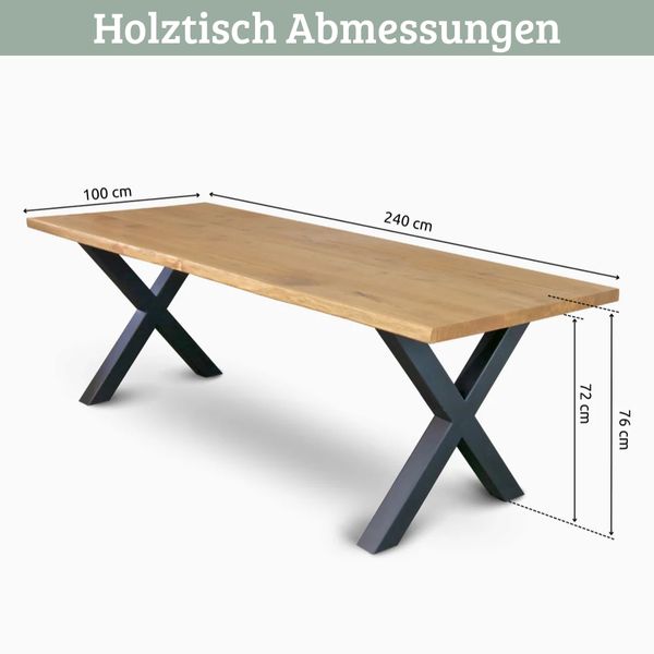 Massivholz Wohnzimmertisch mit Baumkante RAGNAR - 240x100cm, Eichenholz, X-Hora Gestell | Esstisch Holz Küchentisch Esszimmertisch Bild 2