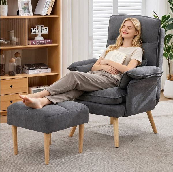 Merax Relaxsessel mit Hocker, 5-fach verstellbarer Liegesessel Lesesessel (85 × 78,5 × 112 cm, 1-St, Relaxsessel inkl. Hocker), Polstersessel mit Kissen & Massivholzbeinen, Loungesessel aus Leinen